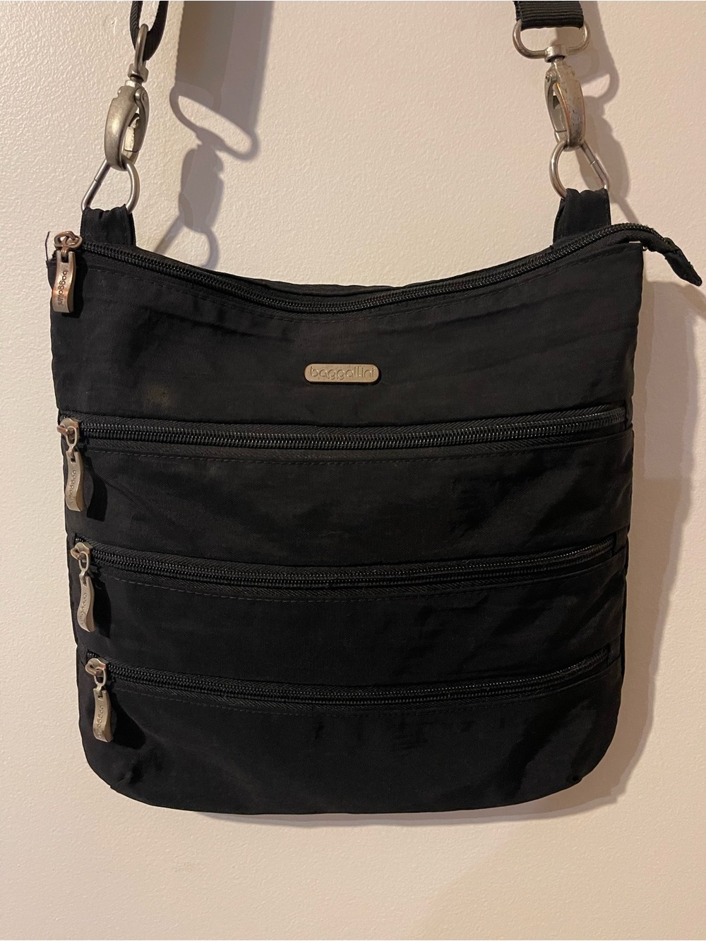 Baggallini Black Nylon Multi Zipper Pocket Crossbody Travel Bag OS